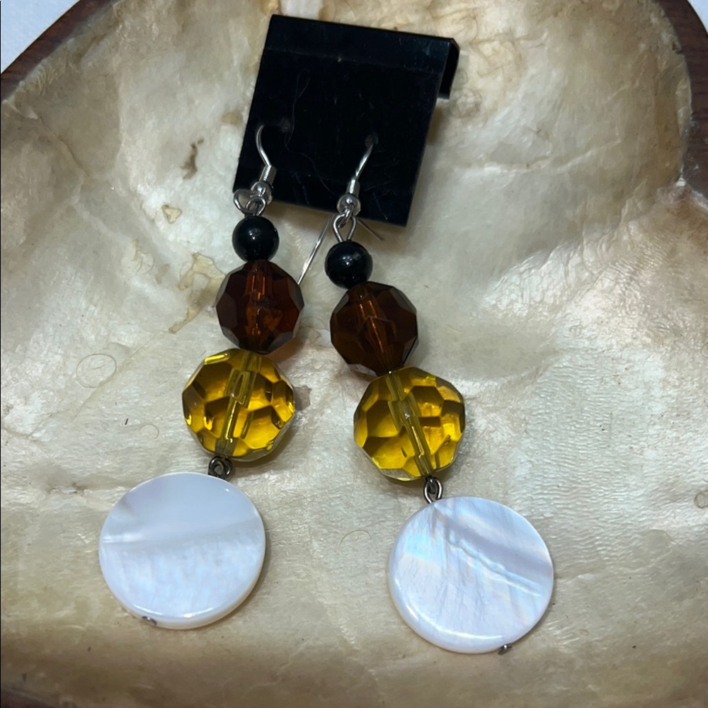 Elegant Glass & mother of Pearl& Brown Dangle Earrings